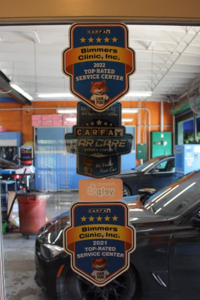 CARFAX Top Rated Service Center banners at Bimmers Clinic